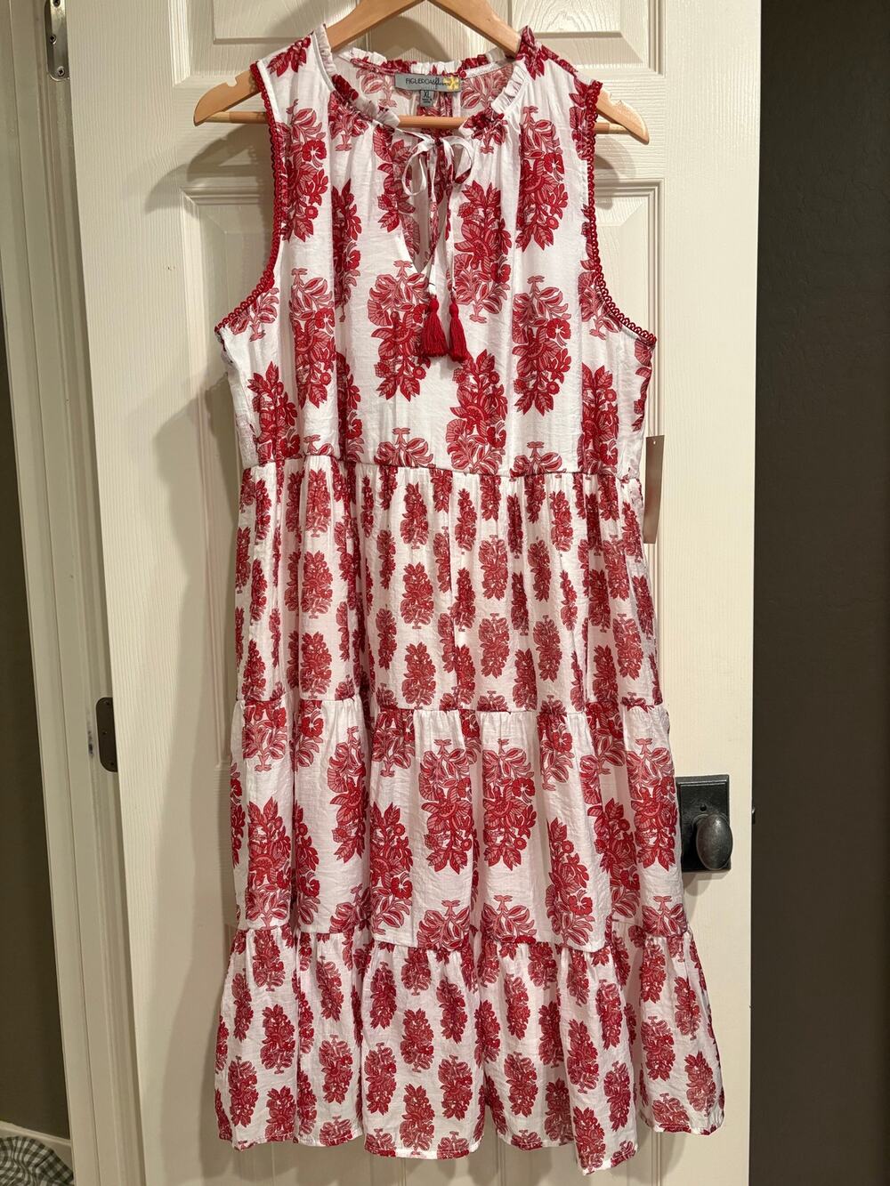 NWT Figueroa & Flower Red White Boho Block Print Midi Dress Size XL Beach Casual